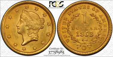 1853-O G$1 MS64+