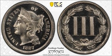 1887/6 3CN Strong Overdate PR67+ CAM