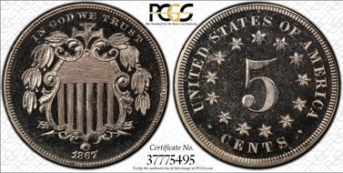 1867 5C No Rays PR66CAM