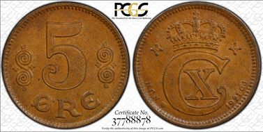 1921 HCN GJ 5 Øre KM-814.2 MS63BN