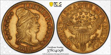 1806 $5 Knobbed 6, 7x6 Stars AU53