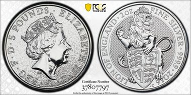 2016 £5 Lion of England Queen's Beasts 2oz Ag MS69