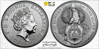 2017 £5 Griffin of Edward III Queen's Beasts 2oz Ag MS69