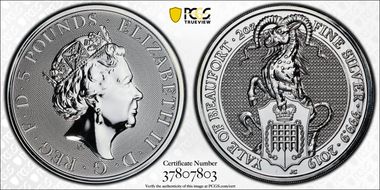 2019 £5 Yale of Beaufort Queen's Beasts 2oz Ag MS68