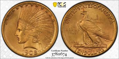1908-S $10 MS65