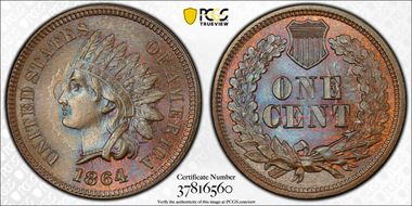 1864 1C L on Ribbon MS66+ BN