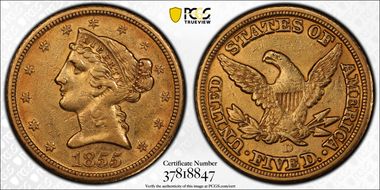 1855-D $5 Large D AU50