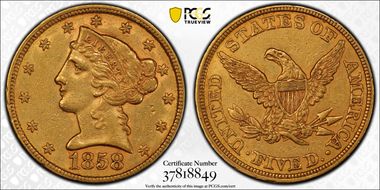 1858 $5 AU53