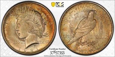 1921 $1 High Relief, Peace MS65+