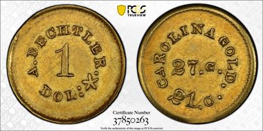 (1842-50) G$1 A. Bechtler 27 Grains, 21 Carat PE AU55