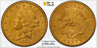 1864-S $20 AU58