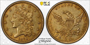 1836 $5 AU50
