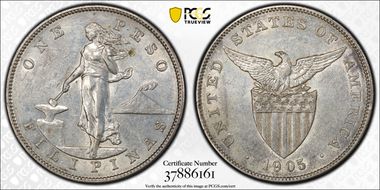 1905-S Peso Allen-16.06 Curved Serif AU50