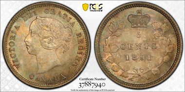 1891 5C Obv 5 WD 1/1 8/8 Low 91 MS66