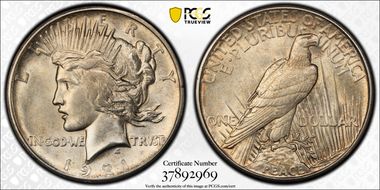 1921 $1 High Relief, Peace AU58