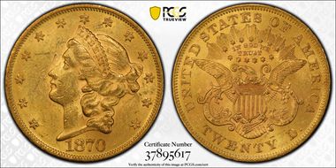 1870 $20 AU58+