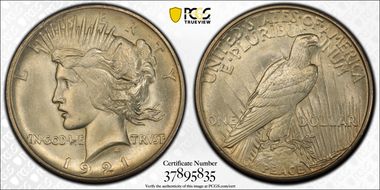 1921 $1 High Relief, Peace MS65