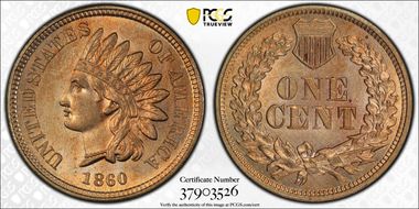 1860 1C Pointed Bust MS65