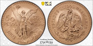 1947 50 Peso New Die Restrike KM-481  Au MS70