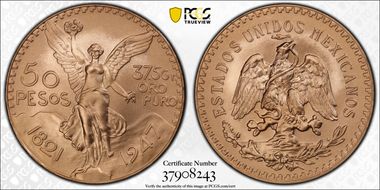 1947 50 Peso New Die Restrike KM-481  Au MS70