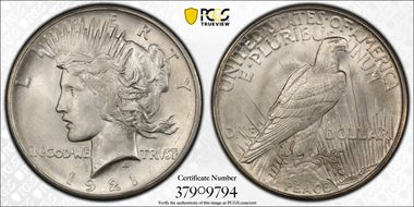 1921 $1 High Relief, Peace MS64+