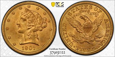 1907 $5 MS64+