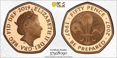 2019 50p S-H55 Scouting Anniversary Au First Strike PR70DCAM