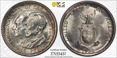 1936-M Peso Roosevelt-Quezon KM-177  Ag MS64