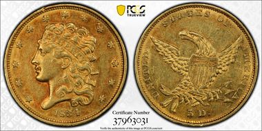 1834 $5 Classic Head, Plain 4 AU53