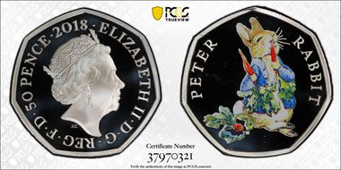 2018 50p S-H44 Peter Rabbit Ag Beatrix Potter Colorized PR70DCAM