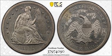 1866 $1 Motto AU55