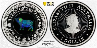 2019-P $1 Year of the Pig Opal Ag Series First Strike PR70DCAM