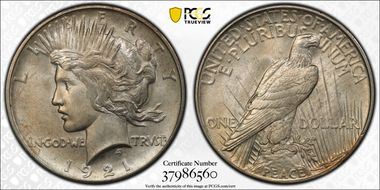 1921 $1 High Relief, Peace MS65