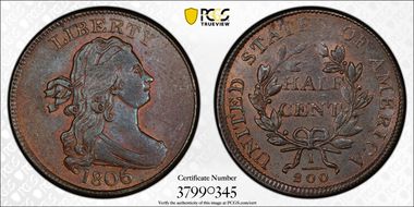 1806 1/2C Large 6, Stems MS63BN