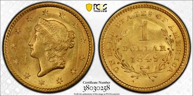 1849 G$1 Open Wreath MS64