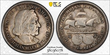 1892 50C Columbian AU58