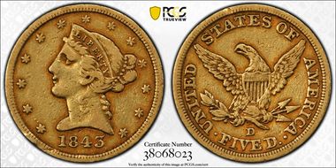 1843-D $5 Medium D VF25