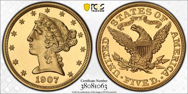 1907 $5 PR65CAM