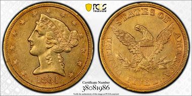 1864-S $5 AU55