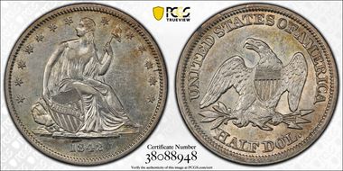 1842 50C WB-7 Small Date, Rev of 1842 Rev Die Cud AU53