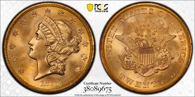1857-S $20 Spiked Shield S.S. Central America MS65