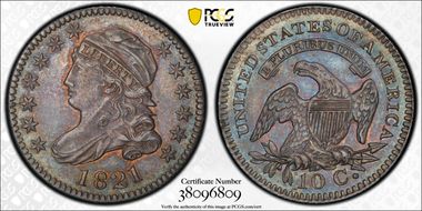 1821 10C JR-6, Large Date AU55