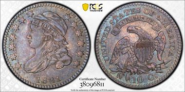 1821 10C JR-10, Small Date AU55