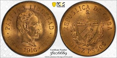 1916 10 Peso KM-20  Au MS64