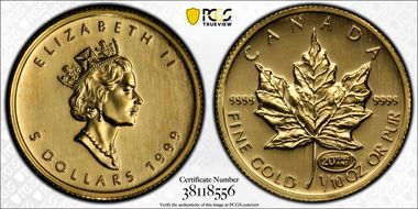 1999 $5 Maple Leaf Au 20 Years ANS Privy MS67