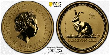 1999 $15 Year of the Rabbit 1/10oz Au MS70