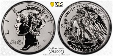 2019-W $25 Palladium, Reverse Proof First Day of Issue PR70