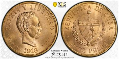 1916 10 Peso KM-20  Au MS64