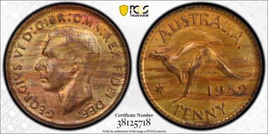 1952 A. (p) 1D Melbourne reverse Pointed serif 2 MS63RB