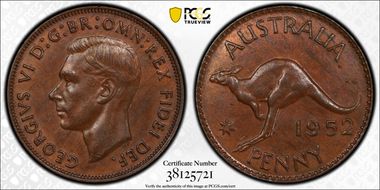 1952 A. (p) 1D Melbourne reverse Misaligned pointed 2 MS62BN